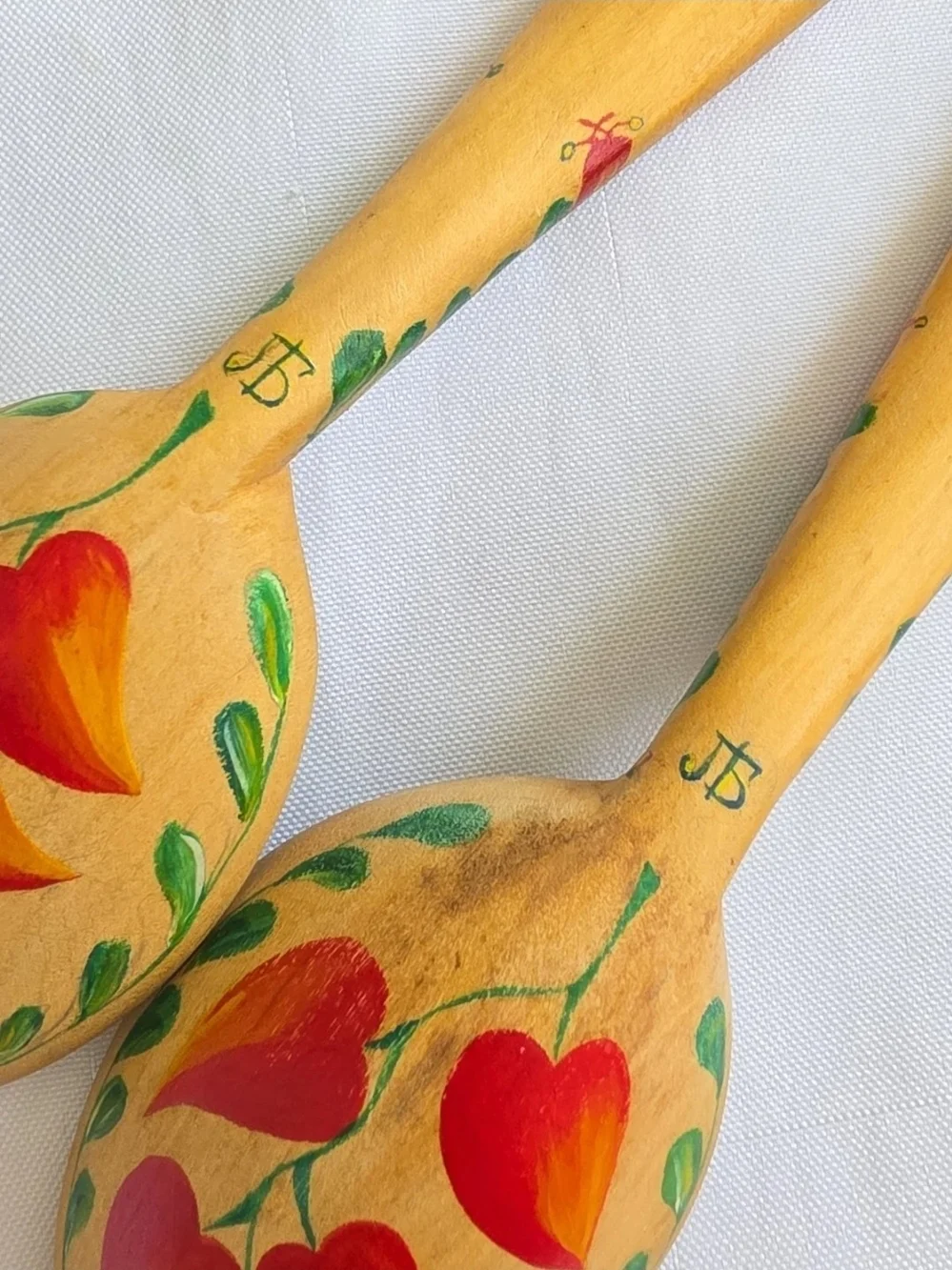 Ukrainian Folk Art Signed Pair Of Hand Painted Wooden Spoons Couple Wall Decor